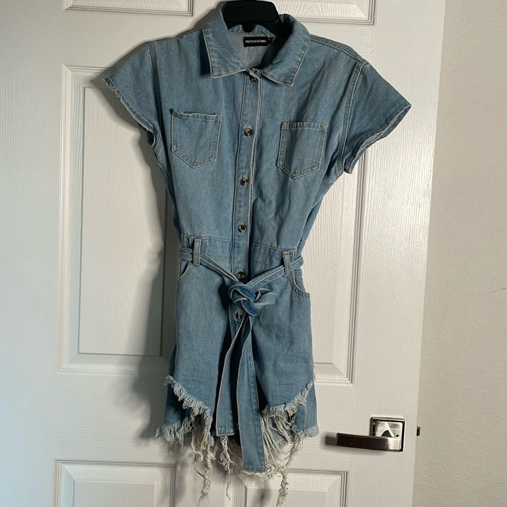 PrettyLittleThing Light Blue Denim Short Sleeve Tie-Waist Romper